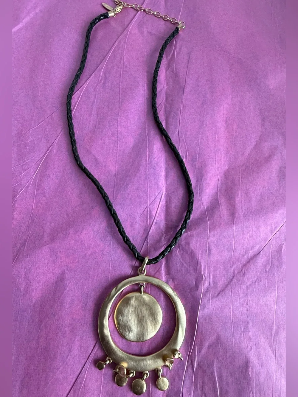 Avenue Gold-Tone Double Circle Pendant Necklace with Black Braided Cord